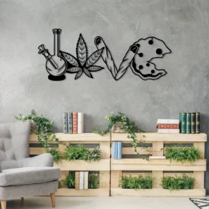 1pc Classic Style Metal Wall Art - Unique Weed Leaves Design LOVE Symbol - Modern Chic Decor Iron, Wall decoration, Wall Sticker